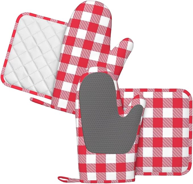 Red and White Checkered Oven Mitts and Pot Holders Set - Image 2