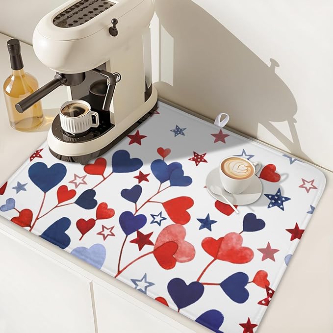 4th of July Dish Drying Mat for Kitchen Counter Patriotic Red Blue Star Love - Image 7