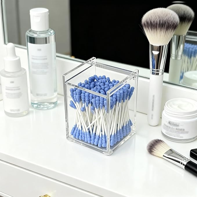 Clear Acrylic Qtip Holder with Lid, Cotton Balls Swab Organizer, 2.95" x 2.56" - Image 3