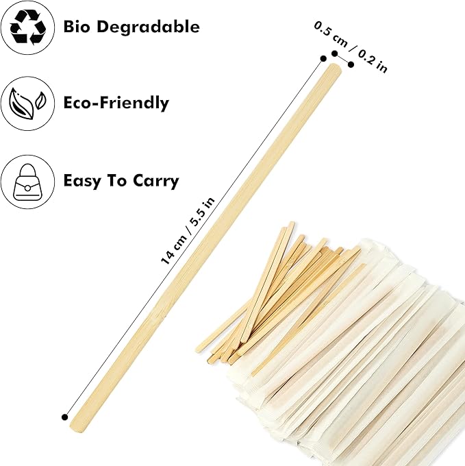 100pcs Bamboo Coffee Stirrers Individually Wrapped, 5.5 Inch Disposable Wood - Image 3