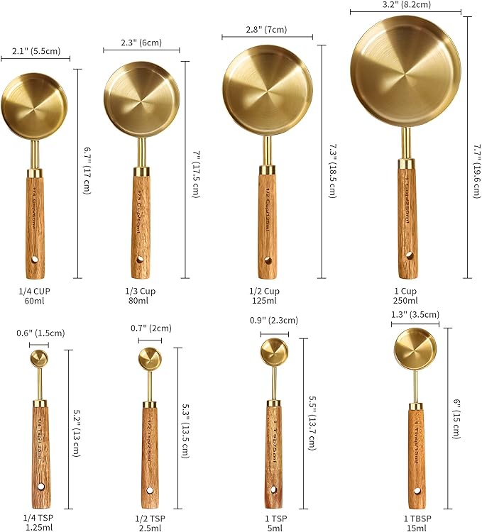 GuDoQi 8Pcs Gold Measuring Cups and Spoons Set, Wooden Handle, Premium - Image 4