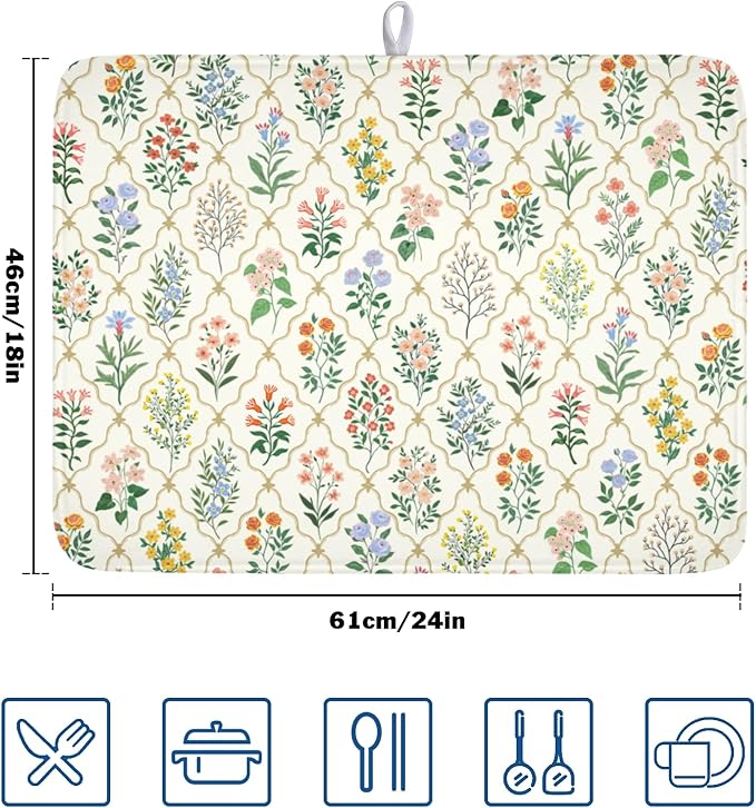 Floral Dish Drying Mat for Kitchen Counter Spring Summer Wild Flowers Diamond - Image 2