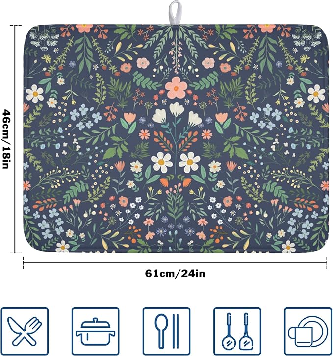 Floral Dish Drying Mat for Kitchen Counter Rustic Flower Leaves Print - Image 2