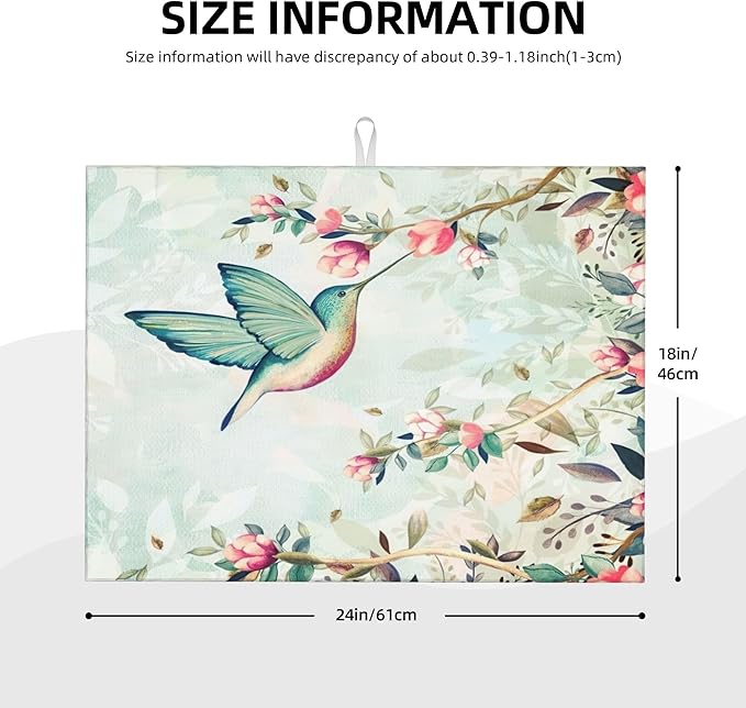 Hummingbird Flowers Dish Drying Mat 18x24 Inch, Microfiber Absorbent Fast Dry - Image 2