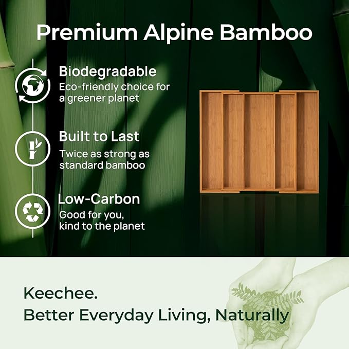 Carbonized Bamboo Kitchen Drawer Organizer, 5 Slots Expandable Silverware - Image 8