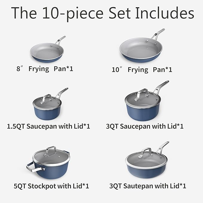 10-Piece Nonstick Ceramic Cookware Set, Non-Toxic Ceramic Coated Aluminum Pots - Image 3