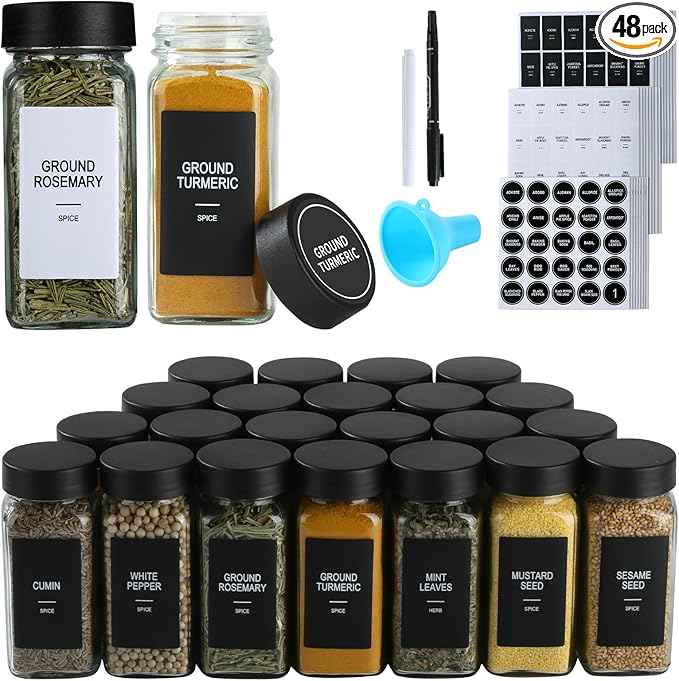 48 Glass Spice Jars with Labels, Spice Jar Set, 4oz Spice Containers, Seasoning by Unknown