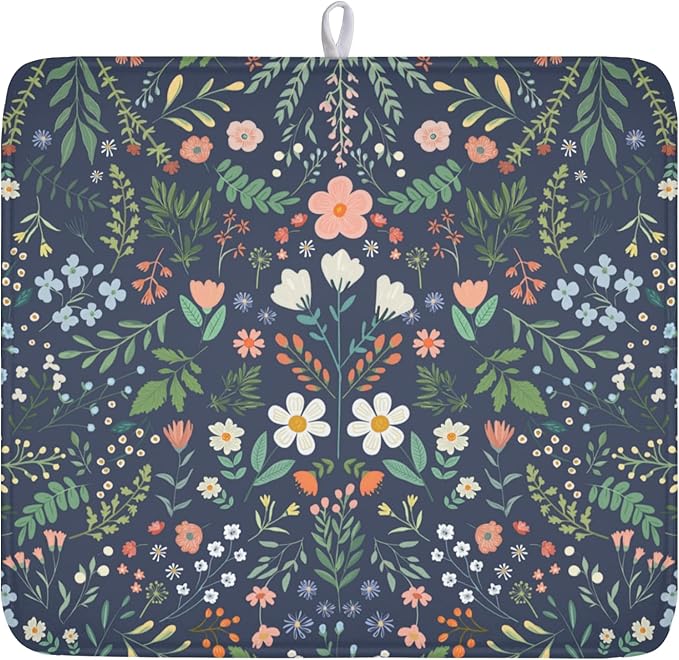 Floral Dish Drying Mat for Kitchen Counter Rustic Flower Leaves Print by Unknown