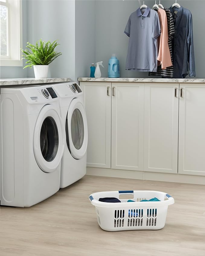 Rubbermaid Large Hip-Hugger Laundry Basket/Hamper, 1.5-Bushel, White, Stackable Storage Bin/Organizer for Bathroom/Bedroom/Dorm/Home