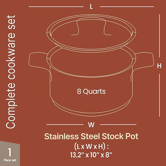 Stainless Steel Stockpot with Lid 8 Quart, Durable 18/8 Stainless Steel - Image 2