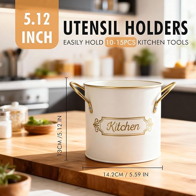 Kitchen Utensil Holder, 5.1" Metal Cooking Utensil Crock - Image 2