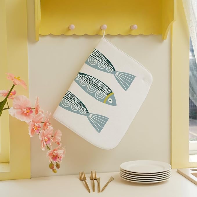 Coastal Dish Drying Mat 18 x 24 inch Beach Blue Fish Print Decorative Drying - Image 5