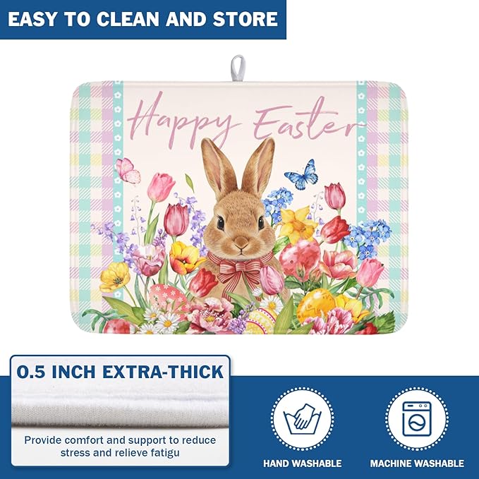 Easter Bunny Dish Drying Mat for Kitchen Counter Happy Easter Rabbit Floral - Image 5