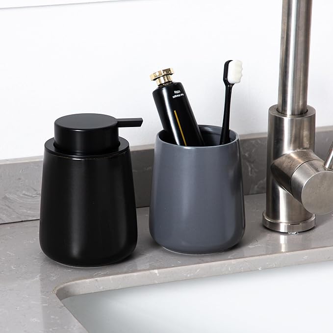 Enra Grey Soap Dispenser, 12 oz Ceramic Hand Lotion Dispenser, Refillable Dish - Image 8
