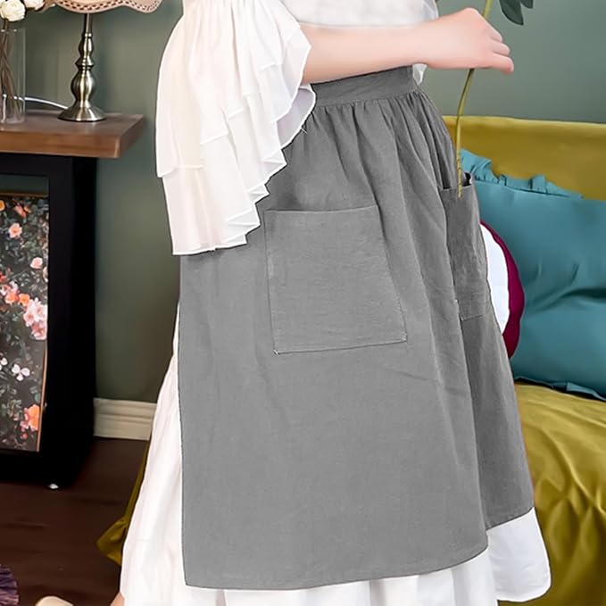Cotton Linen Half Apron for Women Vintage Waist Apron Ruffle Plain Bright Color - Image 2