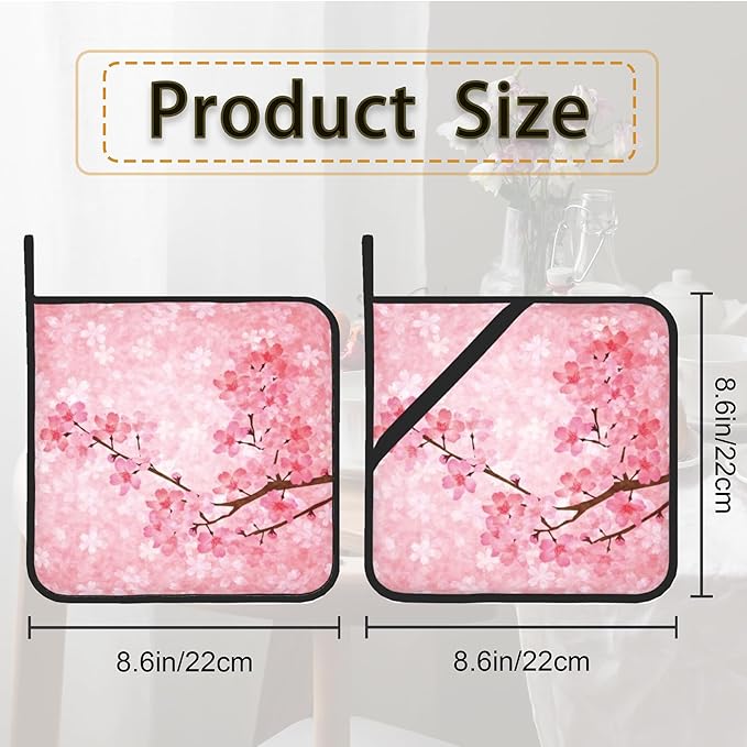 Pink Blooming Cherry Blossoms Pot Holder Set of 2, Heat Resistant Potholders - Image 2