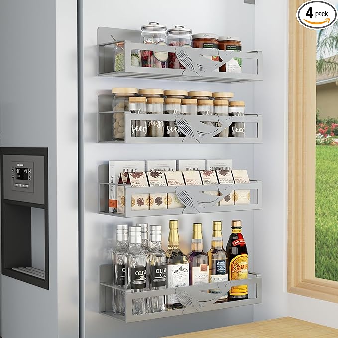 Magnetic Spice Rack for Refrigerator, 4 Pack Metal Magnetic Shelf Organizer for by AURIKAR