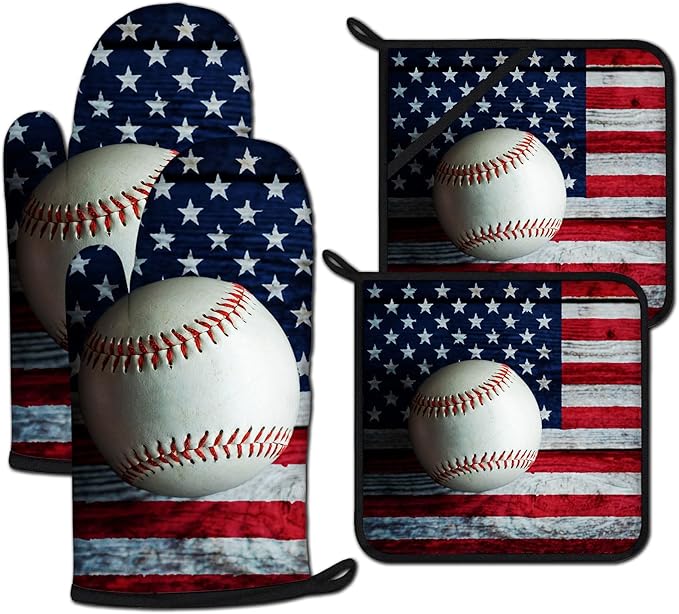 American Flag Baseball Oven Mitts and Pot Holders Sets Heat Resistant 4Pcs by ANTJOO