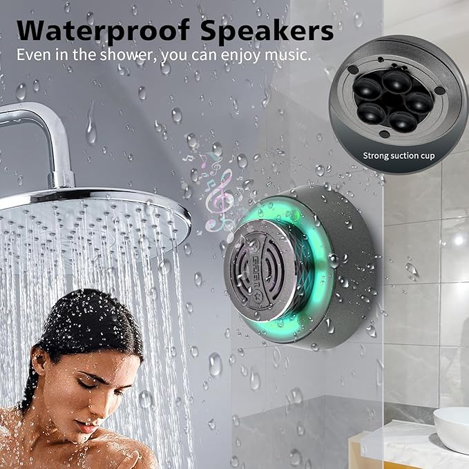 %EF%BC%B7elcometoOKJEW Okjew Bluetooth Shower Speaker, IP67 Waterproof Wireless Speaker with Colorful LED Lights, True Wireless 3D Stereo Sound, Portable Outdoor Speakers for Beach, Pool, Kayak, Travel, and Home Use (Blue)