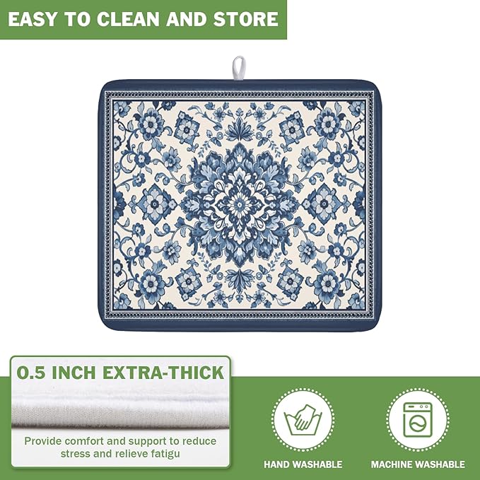 Blue Floral Dish Drying Mat for Kitchen Counter Vintage Flower Pattern - Image 5