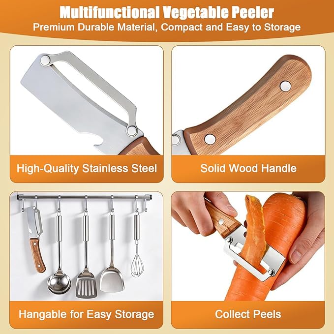 Premium Vegetable Peeler with Wooden Handle and Bottle Opener, 2-in-1 - Image 2