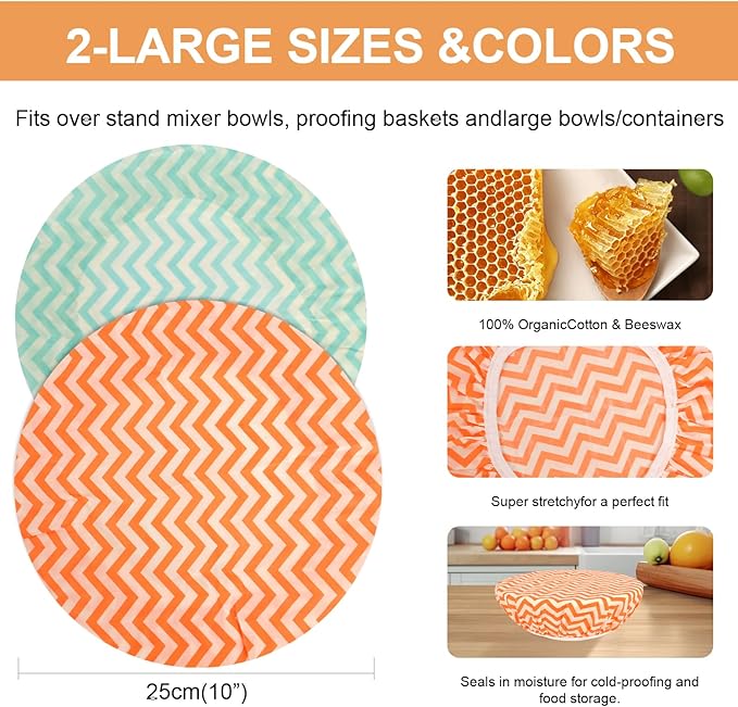 Reusable Bowl Covers for Bread Proofing（2 Large）- Cotton Beeswax Bowl Covers - Image 2