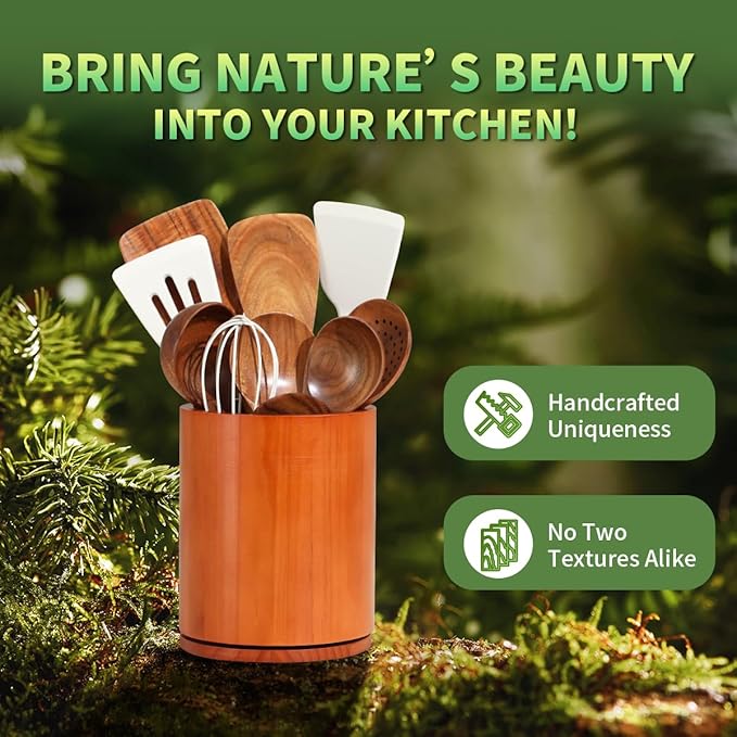 Wooden Utensil Holder, 360°Rotating 7.3'' Large Utensil Holder - Image 7