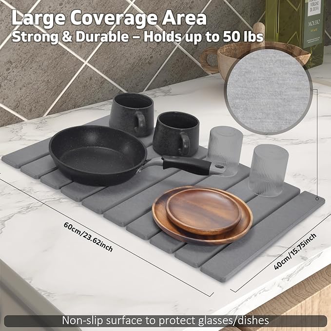 Stone Dish Drying Mat for Kitchen Counter – Collapsible 24"×16 Super Absorbent - Image 6