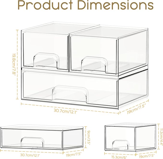 Criusia Stackable Storage Drawers, 3 Pack Clear Acrylic Makeup & Bathroom - Image 2