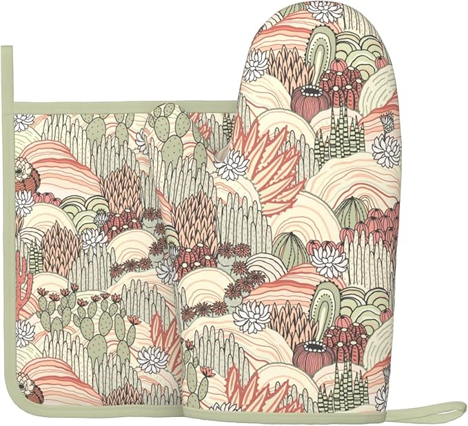 Cactus Succulent Silicone Oven Mitts Pan Mats Set of 2, Heat Resistant Gloves by Cayiibe