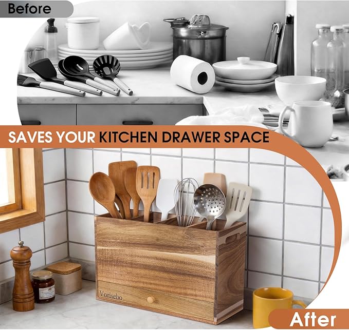 Acacia Wood Kitchen Utensil Holder - Image 4