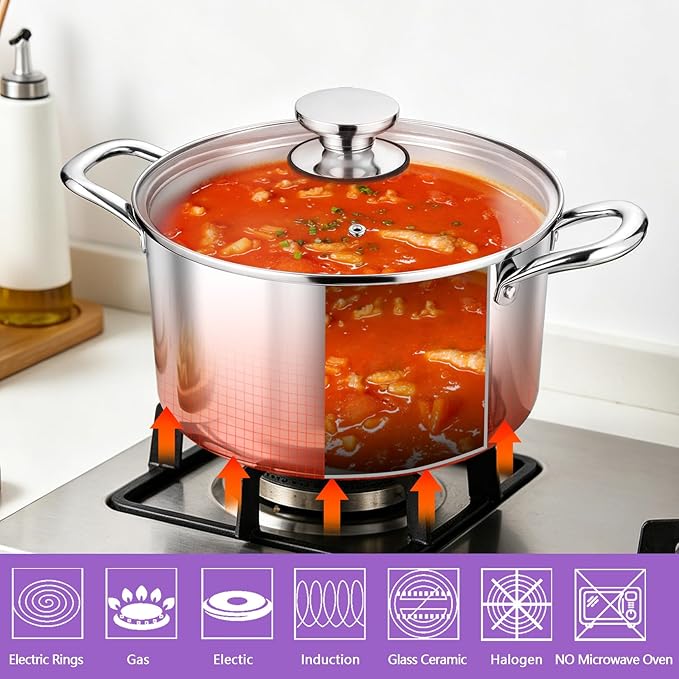 P&P CHEF 5 Quart Tri-Ply Stainless Steel Stock Pot, 5 Qt Stockpot Pasta Cooking - Image 5