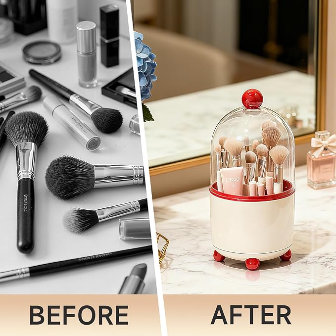 Makeup Brush Holder with Lid, Cosmetic Tools Organizer with Cover, 360° - Image 3