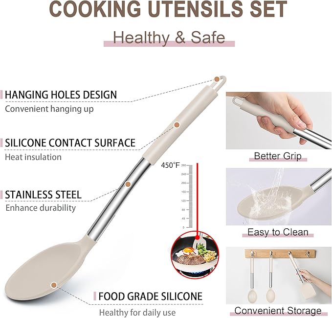 E-far Silicone Cooking Utensils Set, 14-Piece Khaki Kitchen Utensils Set - Image 5