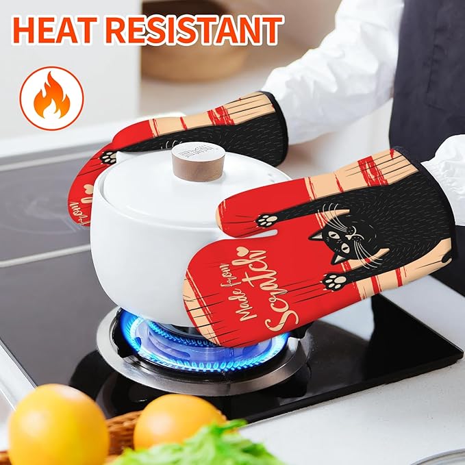 Funny Cat Oven Mitts and Pot Holders Sets Red Black Kitchen Decor Cute Cat - Image 2