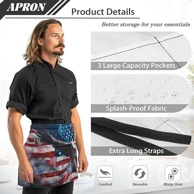 Server Apron with 3 Pockets, Waterproof Oil Waitress Waiter Half Apron - Image 6