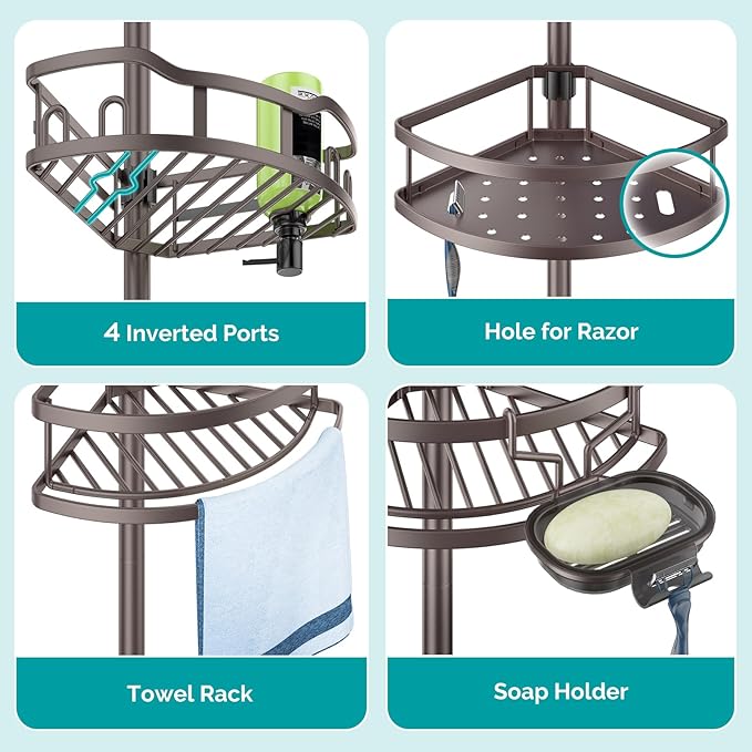 HAMITOR Corner Shower Caddy Tension Pole: Rustproof Stable 4-Tier Bathroom - Image 6
