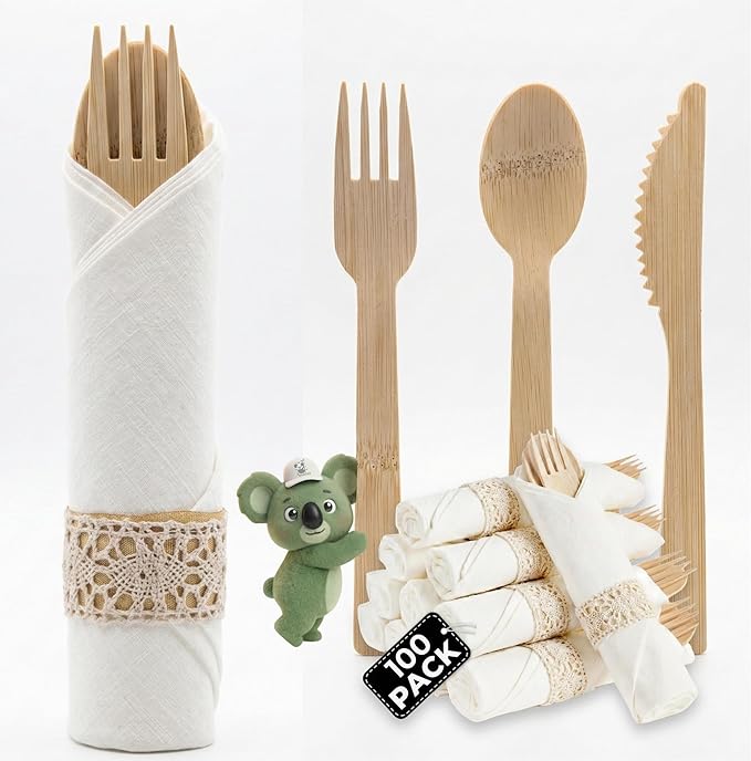 Pre Rolled Napkin and Bamboo Cutlery Set by KoalaLove
