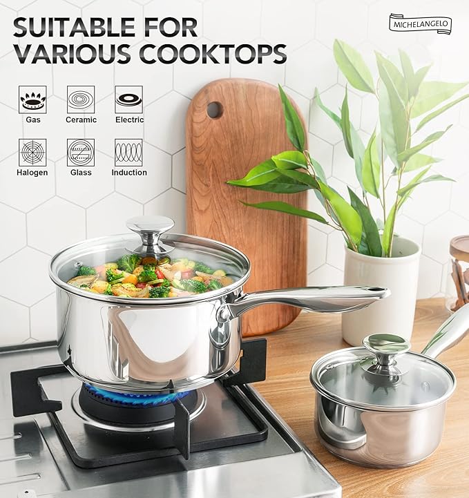 MICHELANGELO 1Qt & 2Qt Tri-ply Stainless Steel Saucepan Set, Small Cooking Pots - Image 3