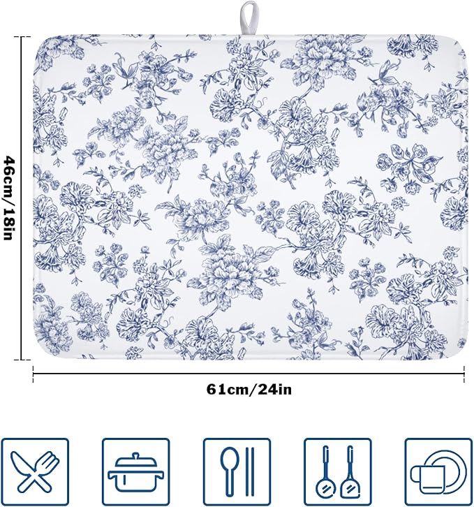 Blue Floral Dish Drying Mat for Kitchen Counter Chinoiserie Flower Microfiber - Image 2