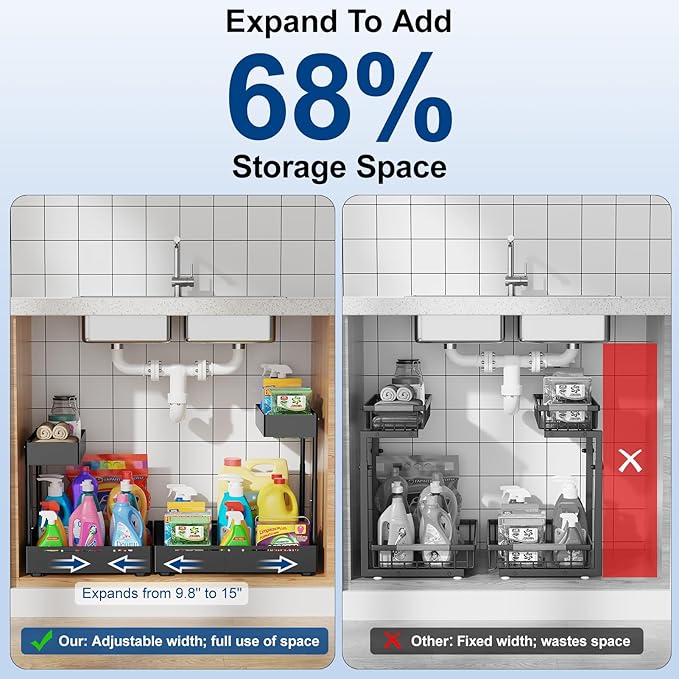 2 Pack Under Sink Organizer, Insputer 2 Tier Under Cabinet Storage Expandable - Image 4