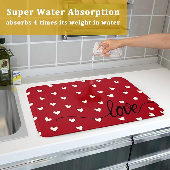 Giwawa Red Hearts Dish Drying Mat 18"x24", Valentines Day Symbol of Love Dish - Image 7