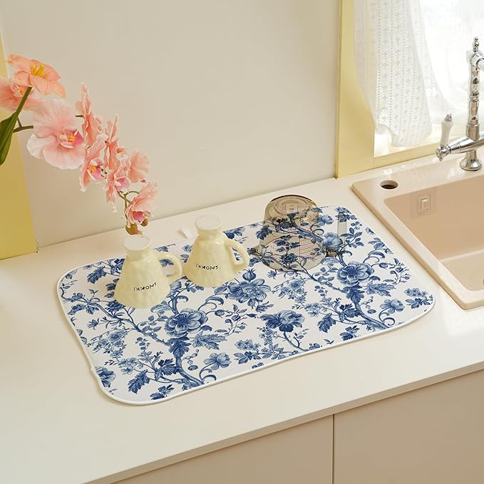 Blue Floral Dish Drying Mat 18 x 24 Inch Vintage Navy Blue Floral Drying Mat - Image 5