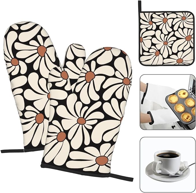 Boho Floral Pot Holders and Oven Mitts Set, Cute Black and Beige Kitchen Mitts - Image 3