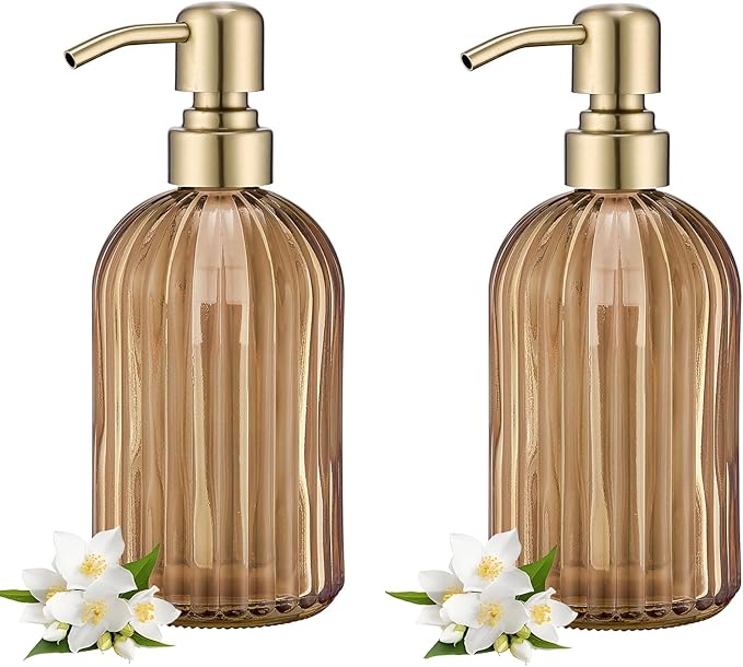 16 OZ Amber Glass Soap Dispenser, Amber Stripe Bathroom Hand Soap Dispensers by LEETCPHOME