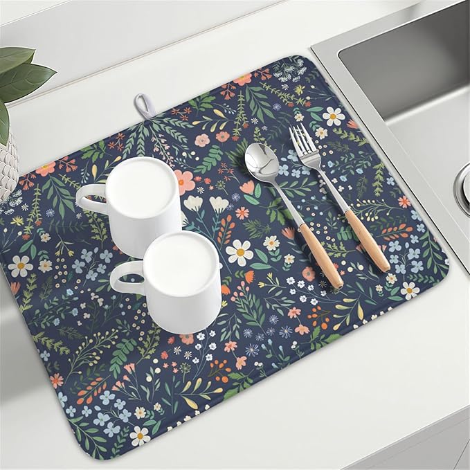 Floral Dish Drying Mat for Kitchen Counter Rustic Flower Leaves Print - Image 8