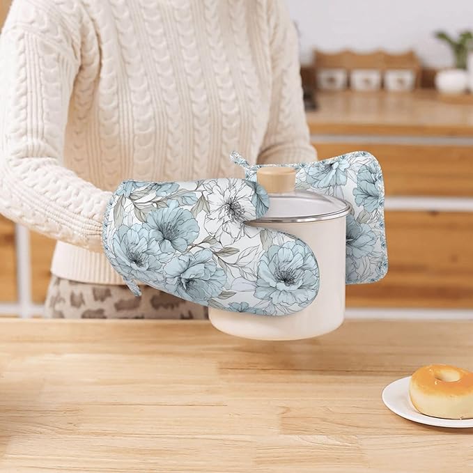 Oven Mitts and Pot Holders Set, Vintage Pastel Flower Peony Silicone Kitchen - Image 7