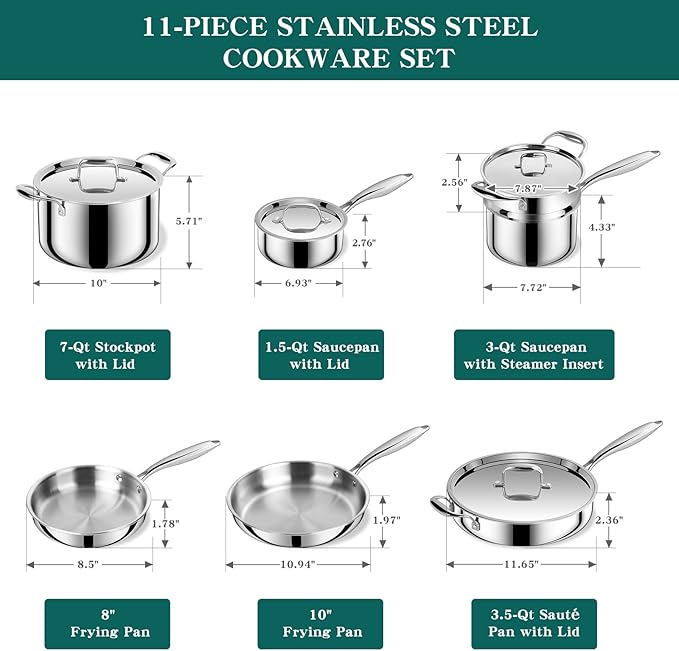EWFEN Pots and Pans Set, 3 Ply 11 Piece Stainless Steel Cookware Set, Oven - Image 2