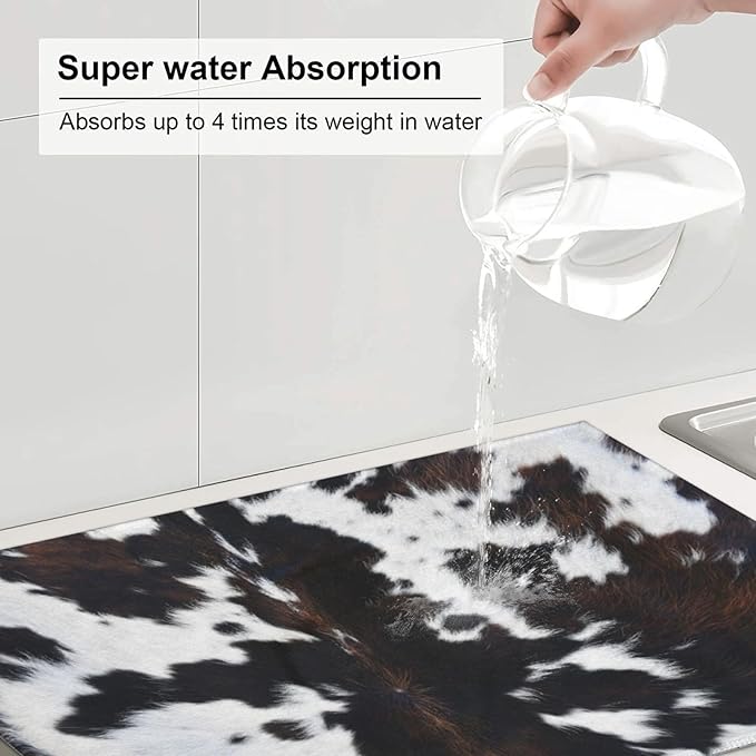 Cow Print Dish Drying Mat Animal fur Black Brown White Classic Drying Rack Pad - Image 5