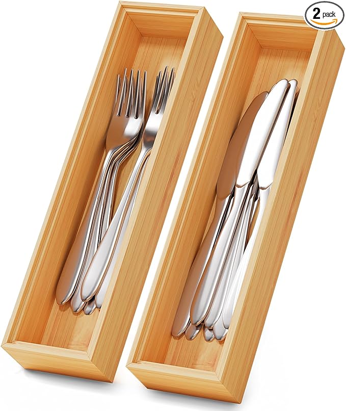 Bamboo Kitchen Drawer Organizer Boxes – 12" x 3" Stackable Wood Silverware by LOCHANTIE